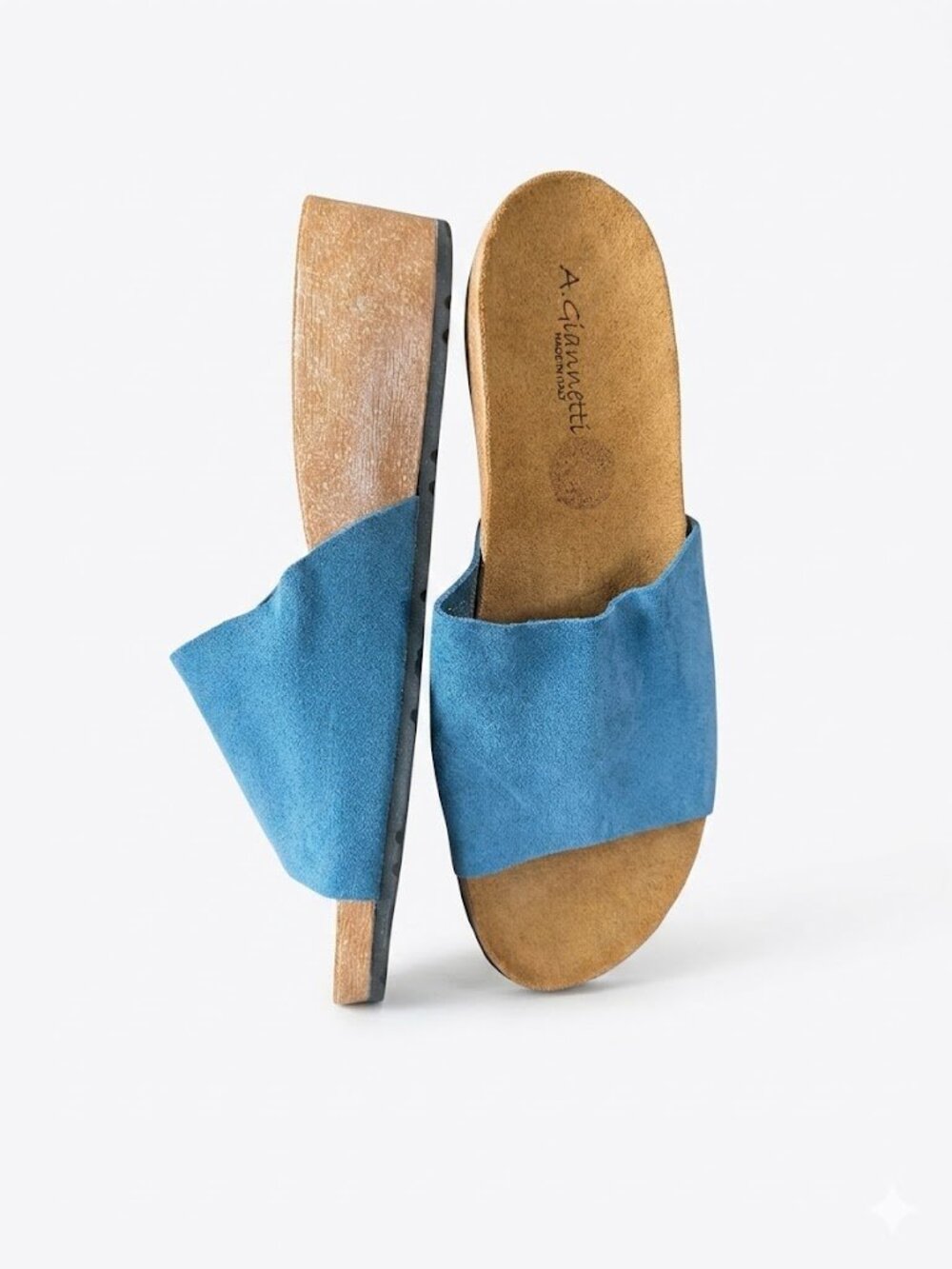 A. Giannetti Italy Blue Suede Wedge Slide Sandals Women's Size 10 Cork-Look